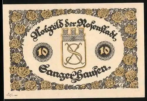 Notgeld Sangerhausen, 1921, 10 Pfennig, Rosenstadt-Motiv mit Stadtansicht und Unterschriften des Magistrats