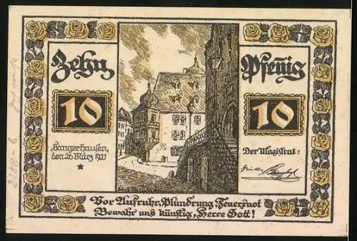 Notgeld Sangerhausen, 1921, 10 Pfennig, Rosenstadt-Motiv mit Stadtansicht und Unterschriften des Magistrats