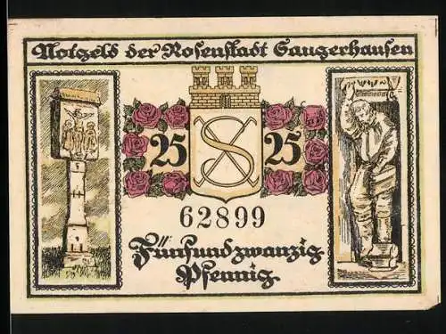 Notgeld Sangerhausen 1921, 25 Pfennig, Rosen und Jakobsturm mit Inschrift