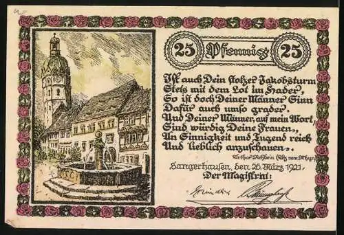 Notgeld Sangerhausen 1921, 25 Pfennig, Rosen und Jakobsturm mit Inschrift