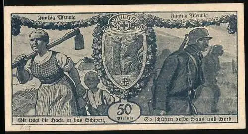 Notgeld Saulgau 1918, 50 Pfennig, Kriegsdarstellung mit Bauernfamilie und Soldat