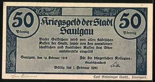 Notgeld Saulgau 1918, 50 Pfennig, Kriegsdarstellung mit Bauernfamilie und Soldat