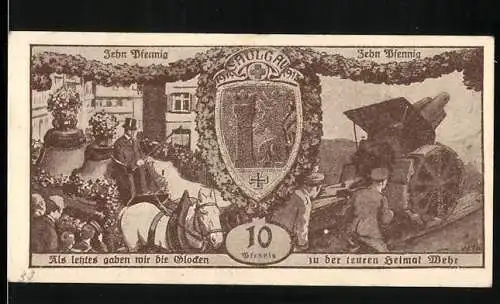 Notgeld Saulgau, 1918, 10 Pfennig, Stadtansicht mit Wappen und Kanone