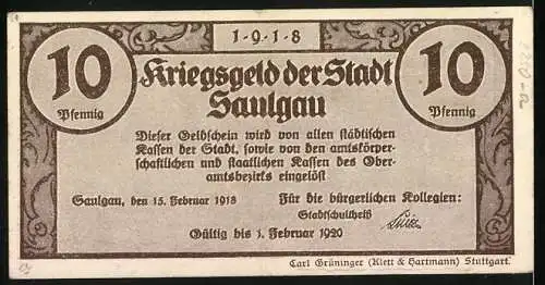 Notgeld Saulgau, 1918, 10 Pfennig, Stadtansicht mit Wappen und Kanone