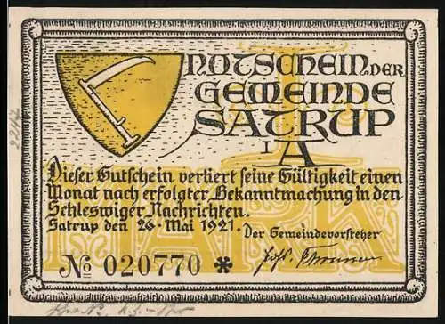 Notgeld Satrup, 1921, 1 Mark, Ritter auf Pferd mit Lanze, Gemeindewappen