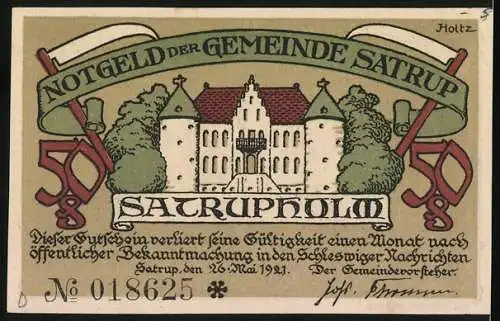 Notgeld Satrup, 1921, 50 Pfennig, Frauen in traditioneller Kleidung und Schloss Satrupholm