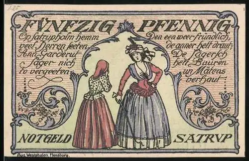 Notgeld Satrup, 1921, 50 Pfennig, historische Abbildung von Frauen in Tracht und Gebäudeansicht