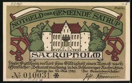 Notgeld Satrup, 1921, 50 Pfennig, historische Abbildung von Frauen in Tracht und Gebäudeansicht