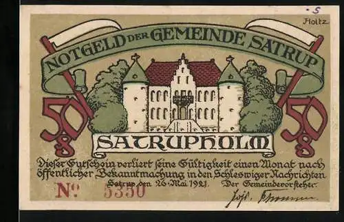 Notgeld Satrup, 1921, 50 Pfennig, Schloss und traditionelle Trachten, Seriennummer 5350