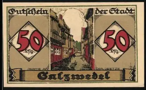 Notgeld Salzwedel, 1921, 50 Pfennig, Stadtansicht und Wappen, Seriennummer 004758