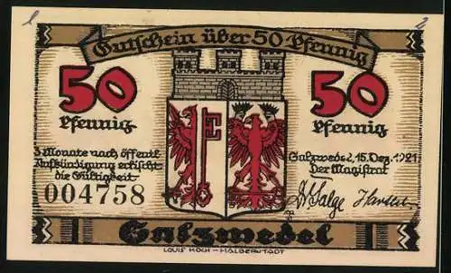 Notgeld Salzwedel, 1921, 50 Pfennig, Stadtansicht und Wappen, Seriennummer 004758