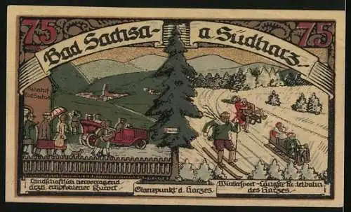 Notgeld Bad Sachsa am Südharz, 75 Pfennig, Sommer und Winter, Landschaft und Wintersport