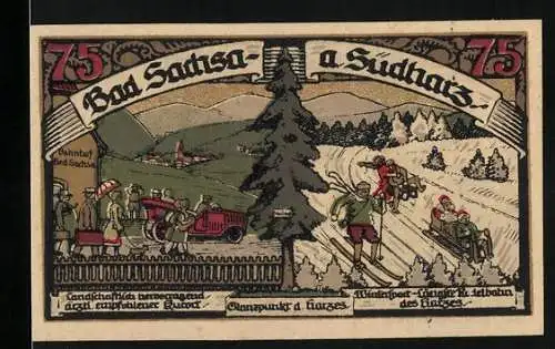 Notgeld Bad Sachsa 1921, 75 Pfennig, Landschaft, Bahnhof, Skifahrer, Wappen, Sommer und Winter Szenen