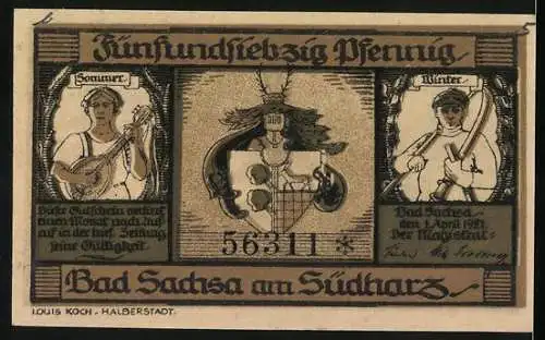 Notgeld Bad Sachsa 1921, 75 Pfennig, Landschaft, Bahnhof, Skifahrer, Wappen, Sommer und Winter Szenen