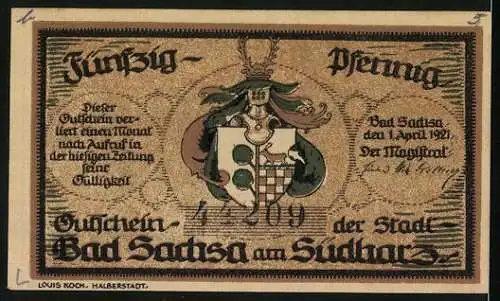 Notgeld Bad Sachsa am Südharz, 1921, 50 Pfennig, Landschaft mit See und Wappen