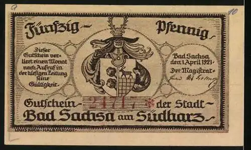 Notgeld Bad Sachsa am Südharz, 1921, 50 Pfennig, Landschaft mit Fluss, Schnetzelstein und Ravenstein, Stadtwappen