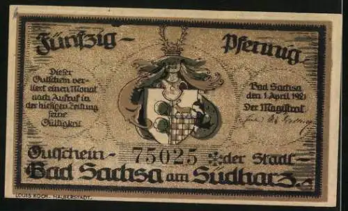 Notgeld Bad Sachsa am Südharz, 1921, 50 Pfennig, Schmelzteich mit Balzerstein und Ravensberg, 660 mtr.ü.M