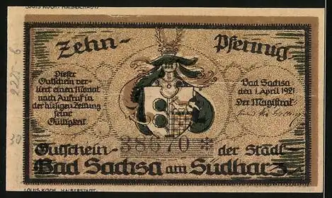 Notgeld Bad Sachsa 1921, 10 Pfennig, Stadt-Badehaus Illustration