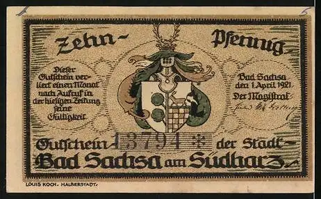 Notgeld Bad Sachsa 1921, 10 Pfennig, Stadtwappen und Badehaus-Illustration