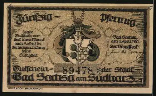 Notgeld Bad Sachsa am Südharz, 1921, 50 Pfennig, Landschaftsmotiv mit Schmelzteich, Ratszieherstein und Ravensberg