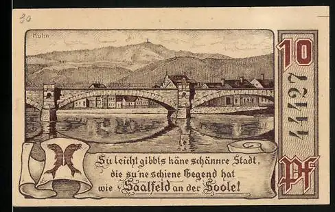 Notgeld Saalfeld / Saale, 1921, 10 Pfennig, Brücke über Fluss und Stadttor-Illustrationen