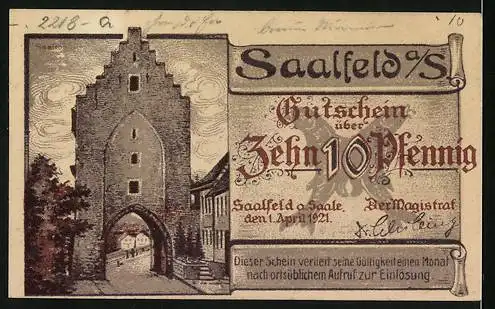 Notgeld Saalfeld / Saale, 1921, 10 Pfennig, Brücke über Fluss und Stadttor-Illustrationen