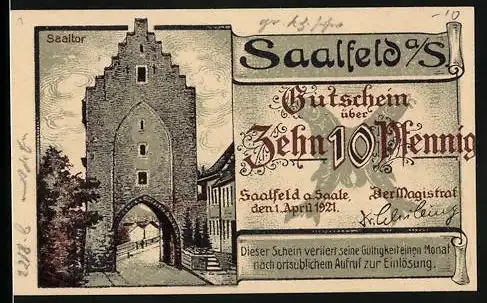 Notgeld Saalfeld / Saale 1921, 10 Pfennig, Gutschein mit Saaltor und Stadtansicht