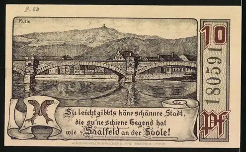 Notgeld Saalfeld / Saale 1921, 10 Pfennig, Gutschein mit Saaltor und Stadtansicht