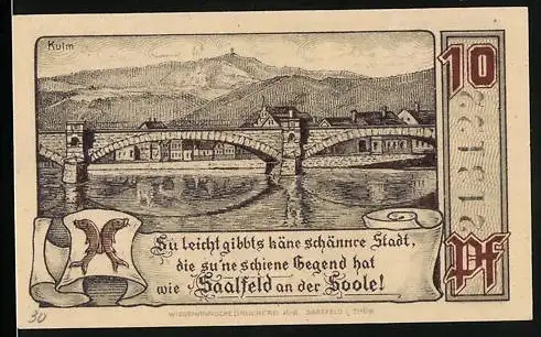 Notgeld Saalfeld 1921, 10 Pfennig, Stadtansicht und Saaltor
