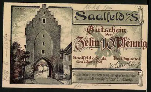 Notgeld Saalfeld 1921, 10 Pfennig, Stadtansicht und Saaltor