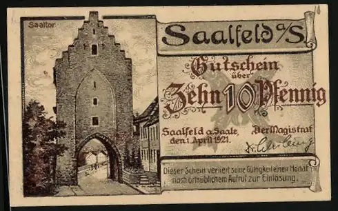 Notgeld Saalfeld / Saale 1921, 10 Pfennig, Gutschein über Zehn Pfennig mit Stadtansichten