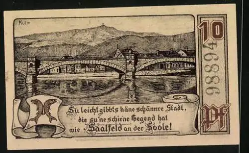 Notgeld Saalfeld / Saale 1921, 10 Pfennig, Gutschein über Zehn Pfennig mit Stadtansichten