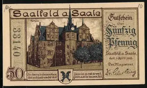 Notgeld Saalfeld a. Saale, 1921, 50 Pfennig, Rathaus mit Spruch und Steuerschraube Presskraft Illustration