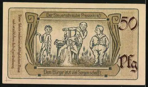 Notgeld Saalfeld a. Saale, 1921, 50 Pfennig, Rathaus mit Spruch und Steuerschraube Presskraft Illustration