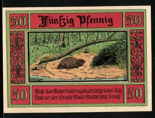 Notgeld Aken / Elbe, 1921, 50 Pfennig, Biber im Wald und Stadtwappen, Serie A081526