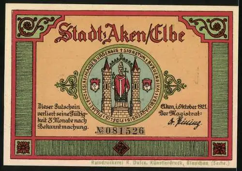 Notgeld Aken / Elbe, 1921, 50 Pfennig, Biber im Wald und Stadtwappen, Serie A081526