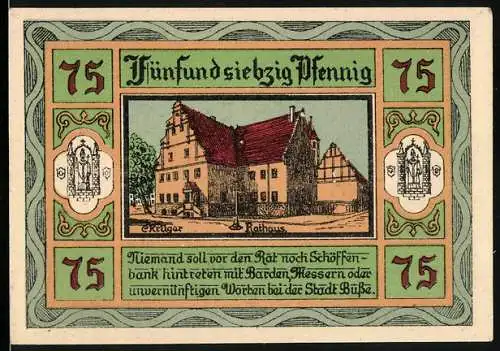 Notgeld Aken / Elbe 1921, 75 Pfennig, Rathaus und Stadtwappen, Seriennummer 093587