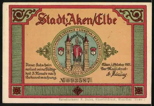 Notgeld Aken / Elbe 1921, 75 Pfennig, Rathaus und Stadtwappen, Seriennummer 093587