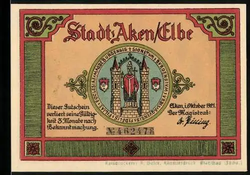 Notgeld Aken / Elbe, 1921, 50 Pfennig, Stadtwappen und Flusslandschaft mit Booten