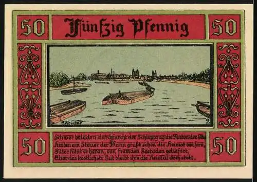 Notgeld Aken / Elbe, 1921, 50 Pfennig, Stadtwappen und Flusslandschaft mit Booten