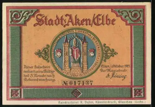 Notgeld Aken / Elbe, 1921, 25 Pfennig, Stadtansicht und Stadtwappen, Seriennummer 017137