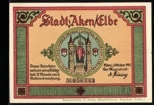 Notgeld Aken / Elbe, 1921, 50 Pfennig, Stadtwappen und Flusslandschaft mit Booten