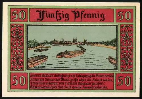 Notgeld Aken / Elbe, 1921, 50 Pfennig, Stadtwappen und Flusslandschaft mit Booten