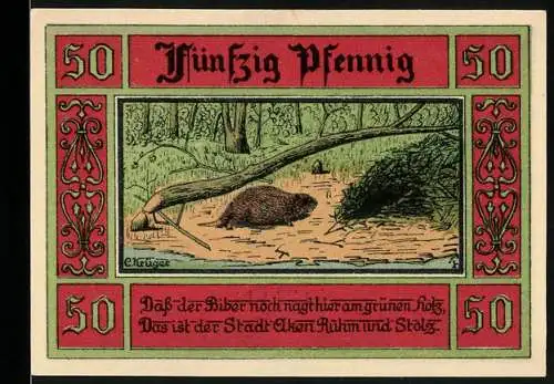 Notgeld Aken / Elbe, 1921, 50 Pfennig, Biber im Wald und Stadtwappen