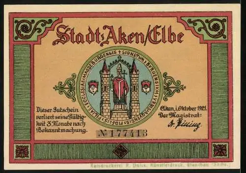 Notgeld Aken / Elbe, 1921, 50 Pfennig, Biber im Wald und Stadtwappen