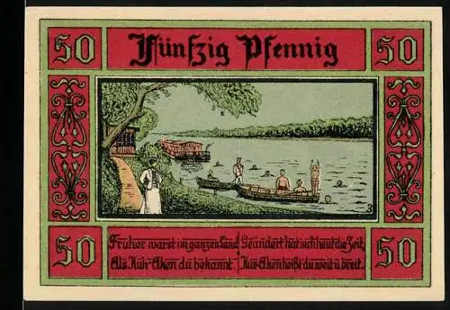 Notgeld Aken / Elbe, 1921, 50 Pfennig, Landschaft mit See und Personen, Stadtwappen mit Heiligen