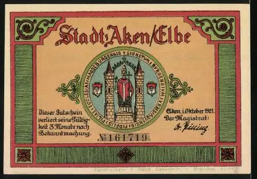 Notgeld Aken / Elbe, 1921, 50 Pfennig, Landschaft mit See und Personen, Stadtwappen mit Heiligen