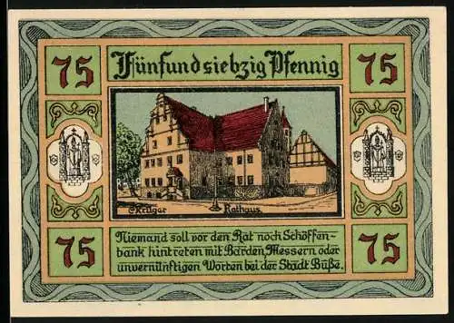 Notgeld Aken / Elbe, 1921, 75 Pfennig, Rathaus und Stadtwappen, gültig bis 3 Monate nach Bekanntmachung