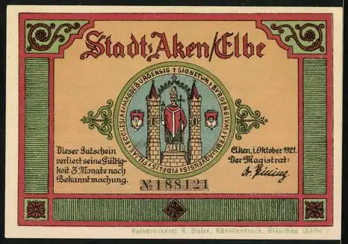 Notgeld Aken / Elbe, 1921, 75 Pfennig, Rathaus und Stadtwappen, gültig bis 3 Monate nach Bekanntmachung