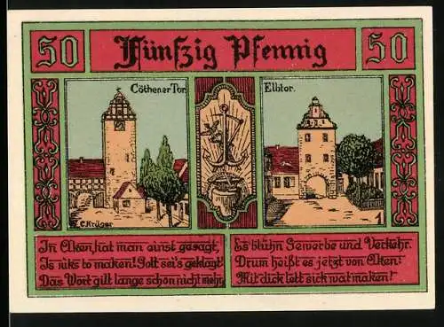 Notgeld Aken / Elbe, 1921, 50 Pfennig, Cöthener Tor und Elbtor, Stadtwappen, rot-grün gestaltet